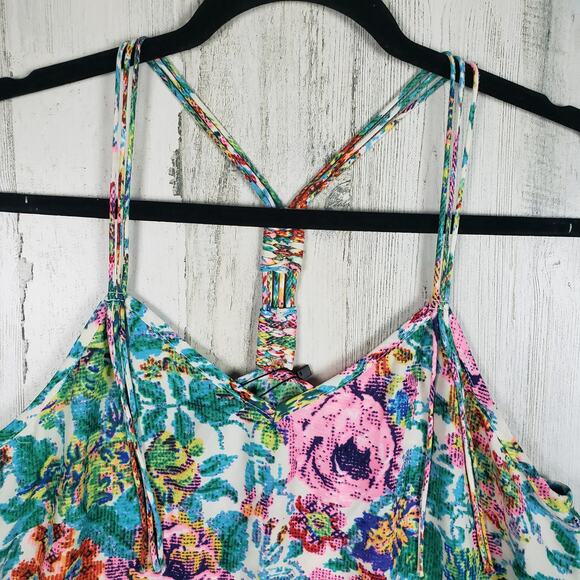 NWT Color Block Floral Printed Fringed Racerback Tank Top Women's Size Large - Picture 2 of 10